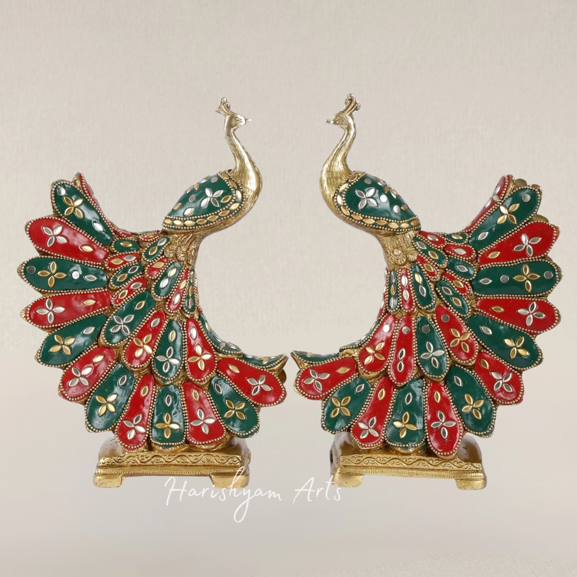 9" Charming Duo of Peacock Statues Crafted in Brass with Fine Inlay Work