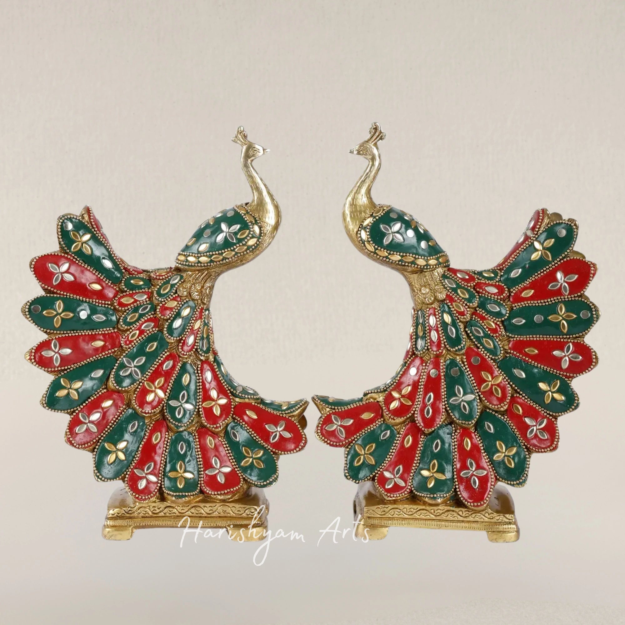 9" Charming Duo of Peacock Statues Crafted in Brass with Fine Inlay Work