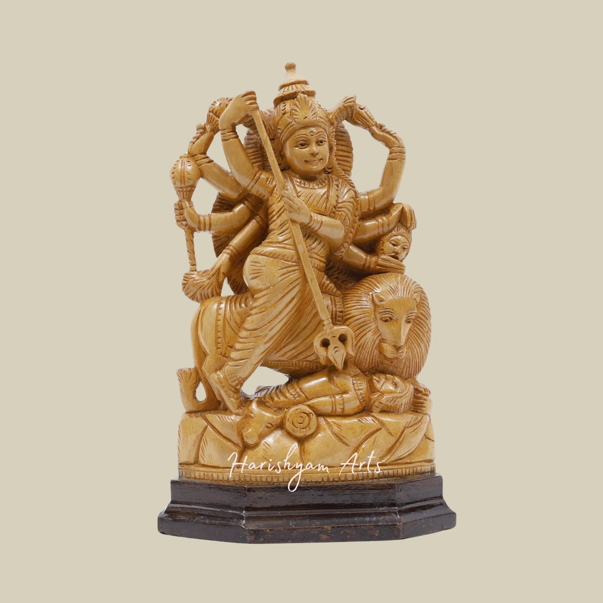 9" Goddess Durga Mahishasuramardini Traditional Wooden Durga Murti with Intricate Detailing