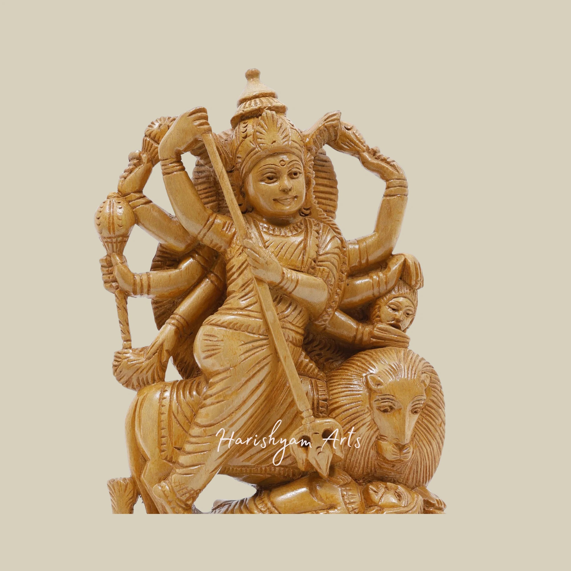 9" Goddess Durga Mahishasuramardini Traditional Wooden Durga Murti with Intricate Detailing1