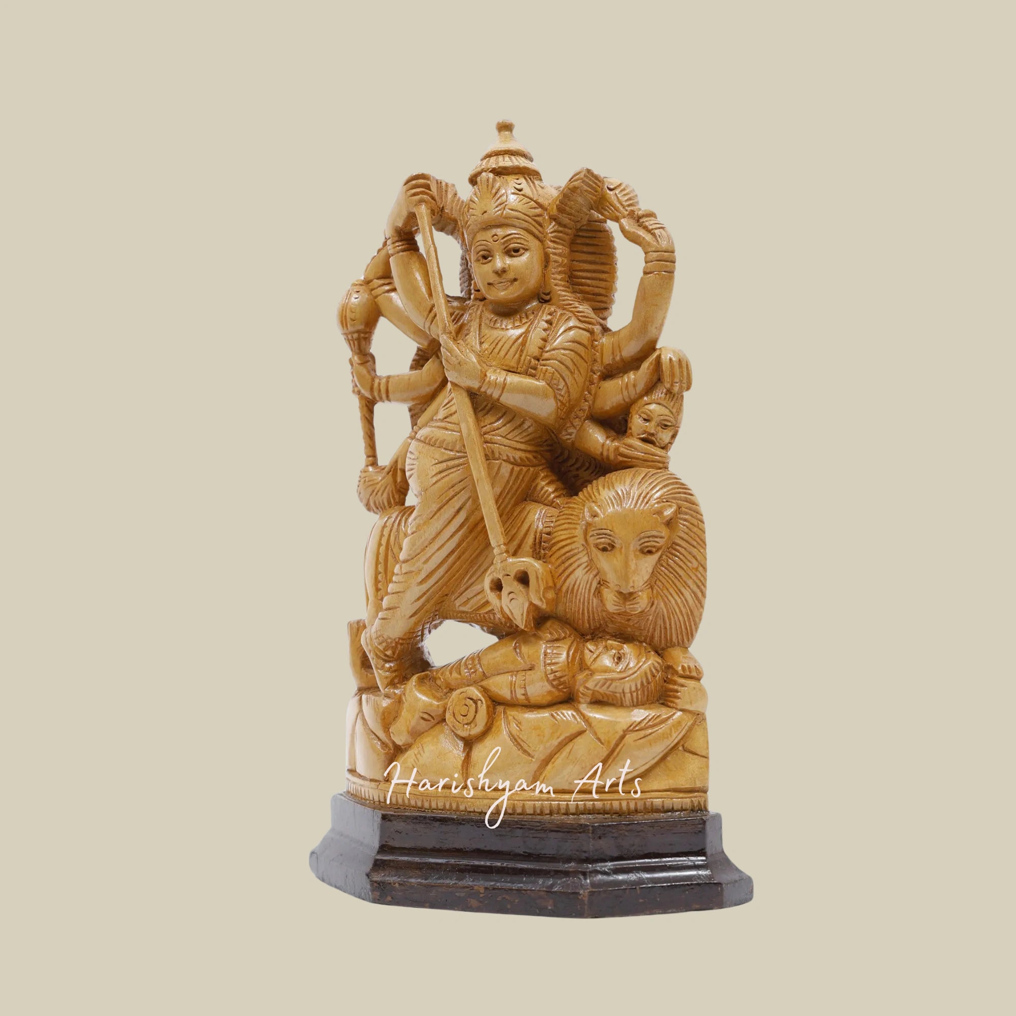 9" Goddess Durga Mahishasuramardini Traditional Wooden Durga Murti with Intricate Detailing3