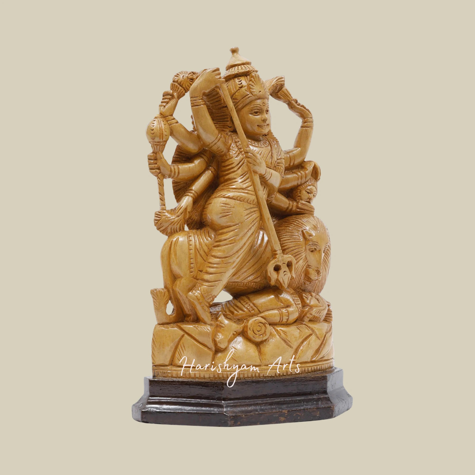 9" Goddess Durga Mahishasuramardini Traditional Wooden Durga Murti with Intricate Detailing4