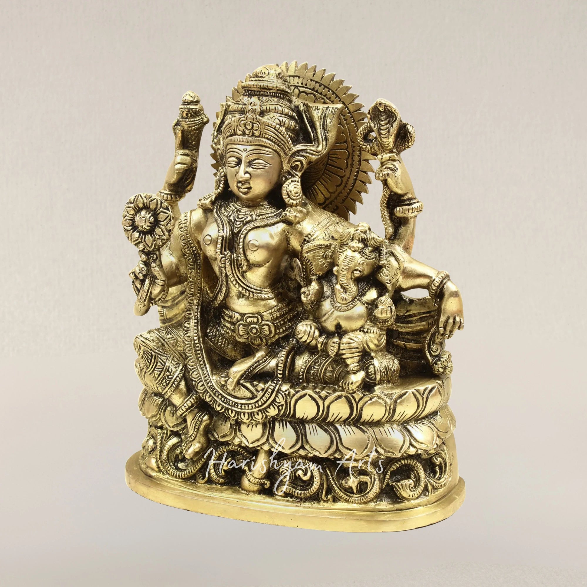 9" Goddess Parvati with Child Ganesha Brass Statue for Divine Blessings