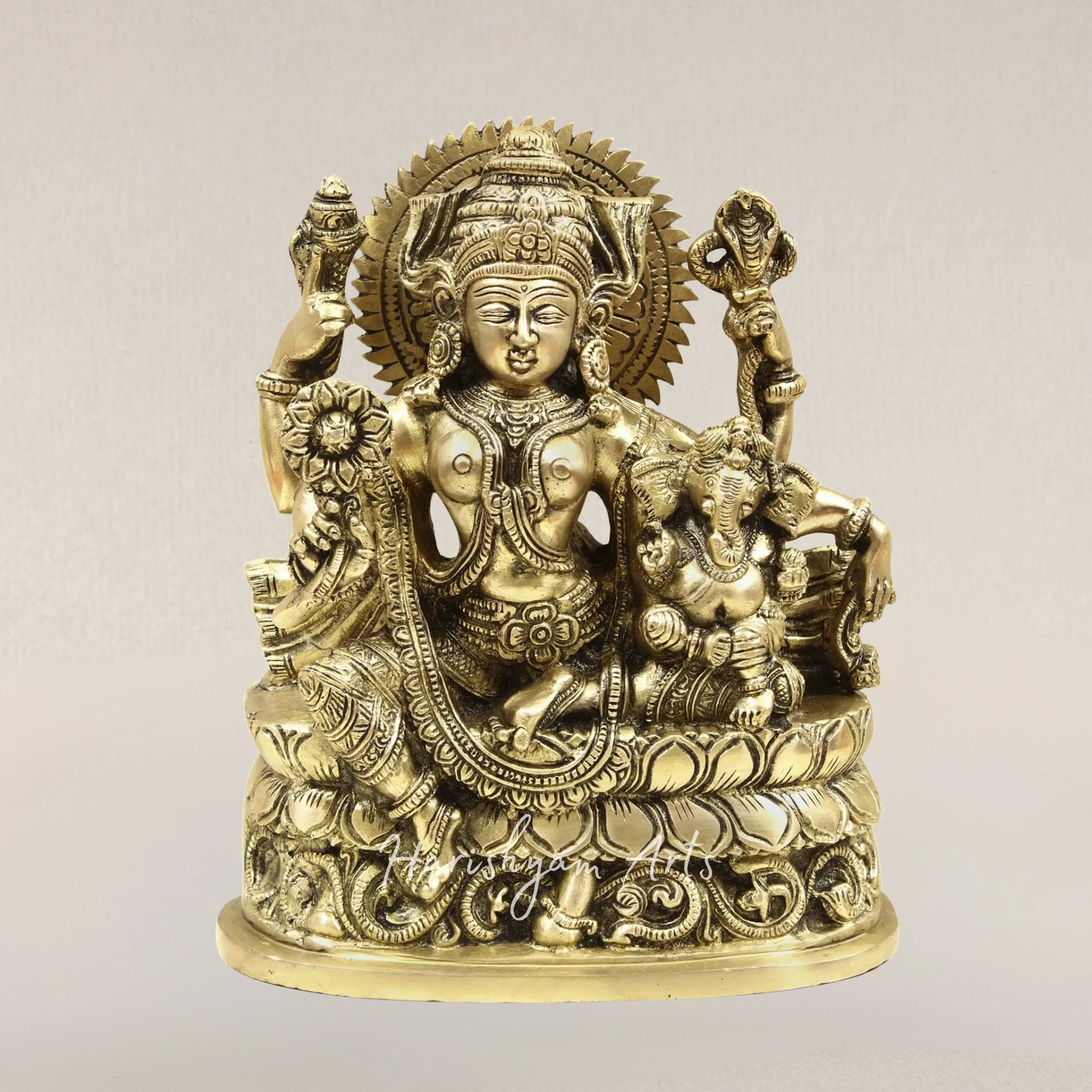 9" Goddess Parvati with Child Ganesha Brass Statue for Divine Blessings