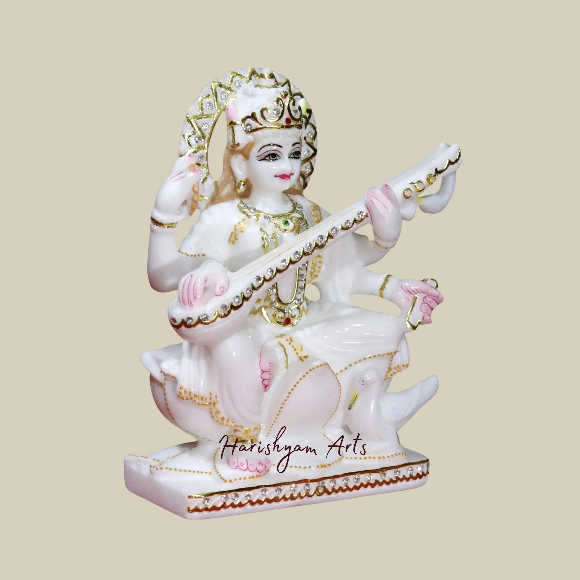 9" Goddess Saraswati Statue Holding Sitar in White Makrana Marble3