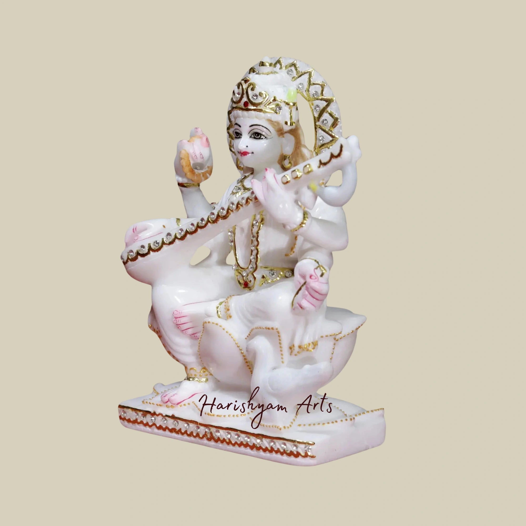 9" Goddess Saraswati Statue Holding Sitar in White Makrana Marble4