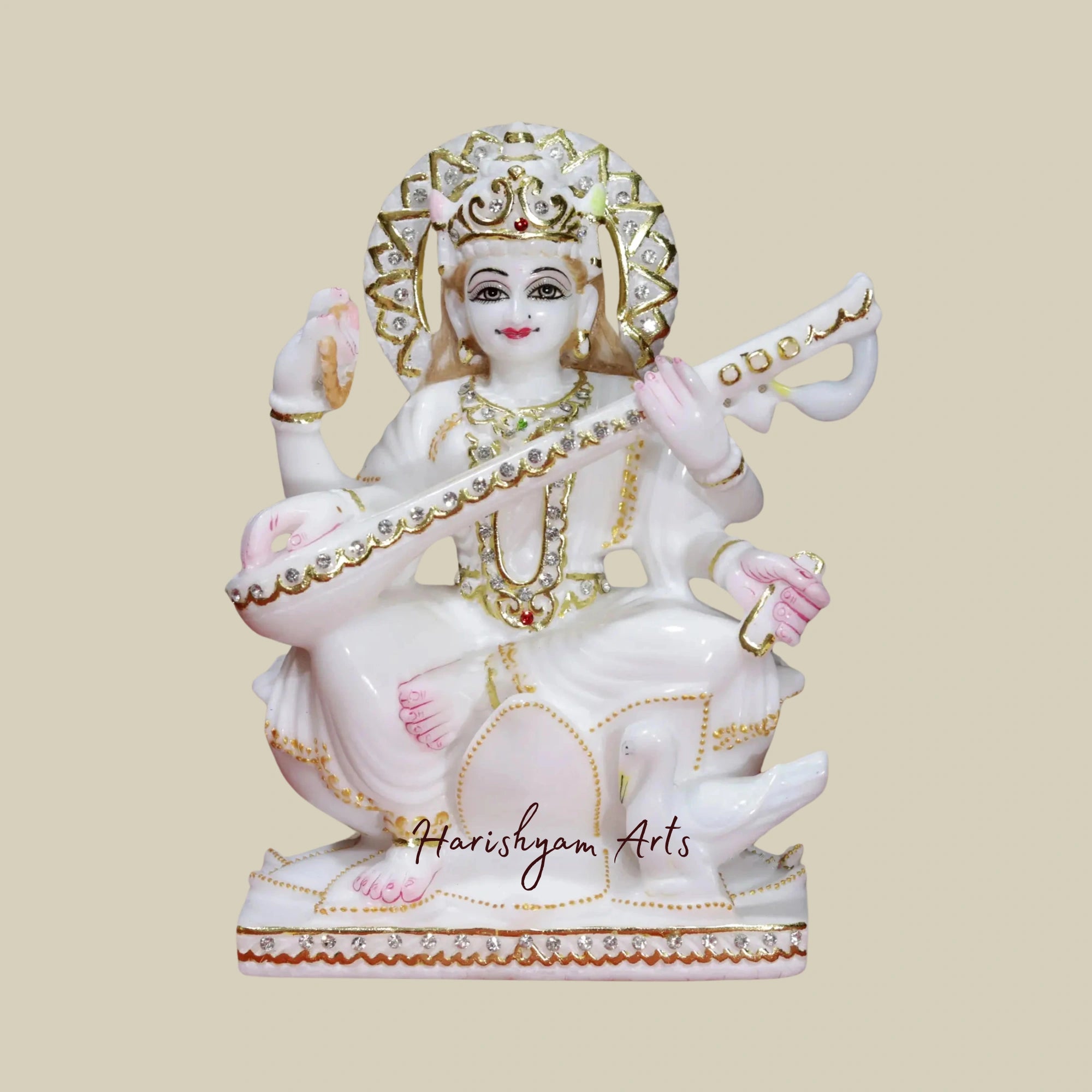 9" Goddess Saraswati Statue Holding Sitar in White Makrana Marble