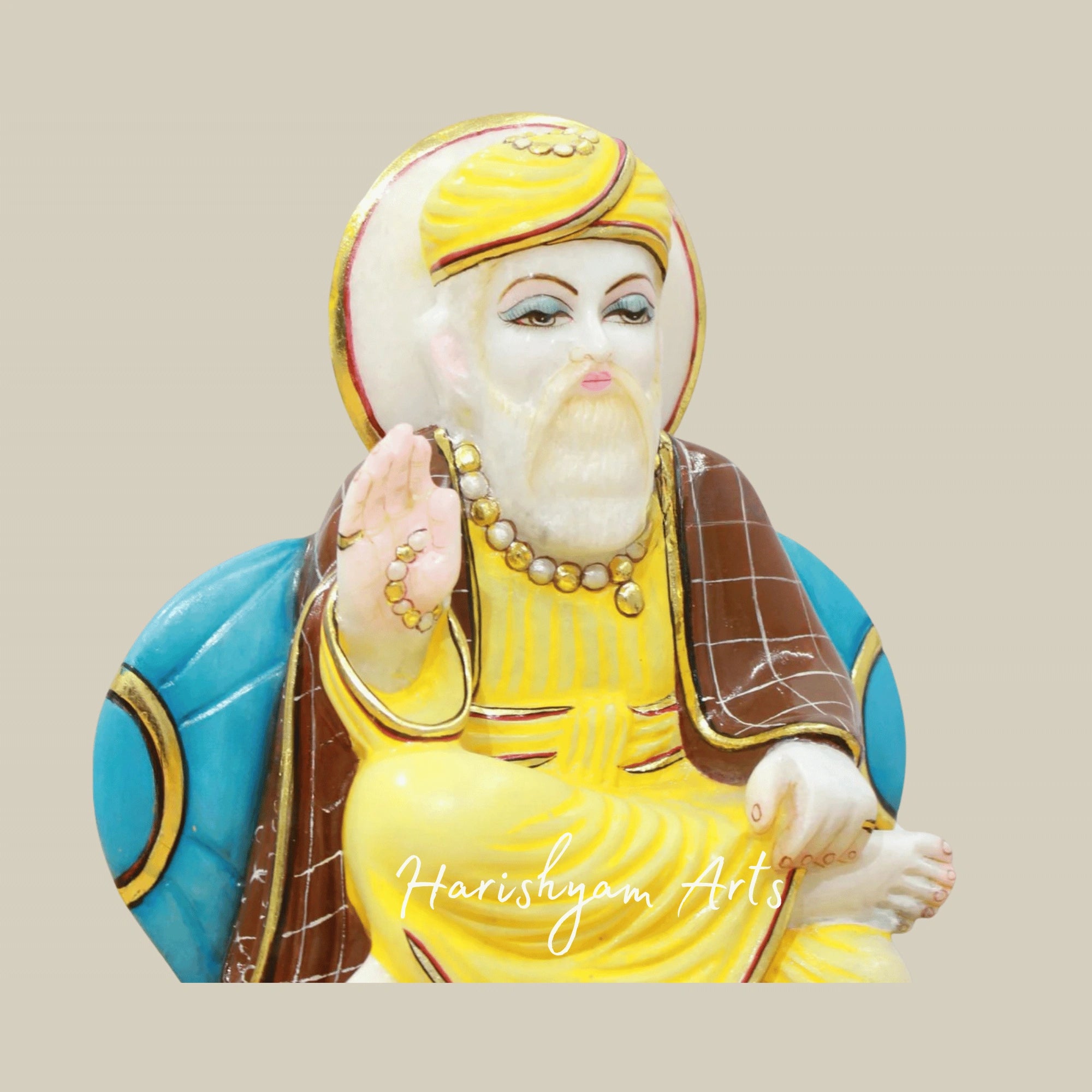 9" Hand-Carved Marble Guru Nanak Ji Statue with Detailed Artwork