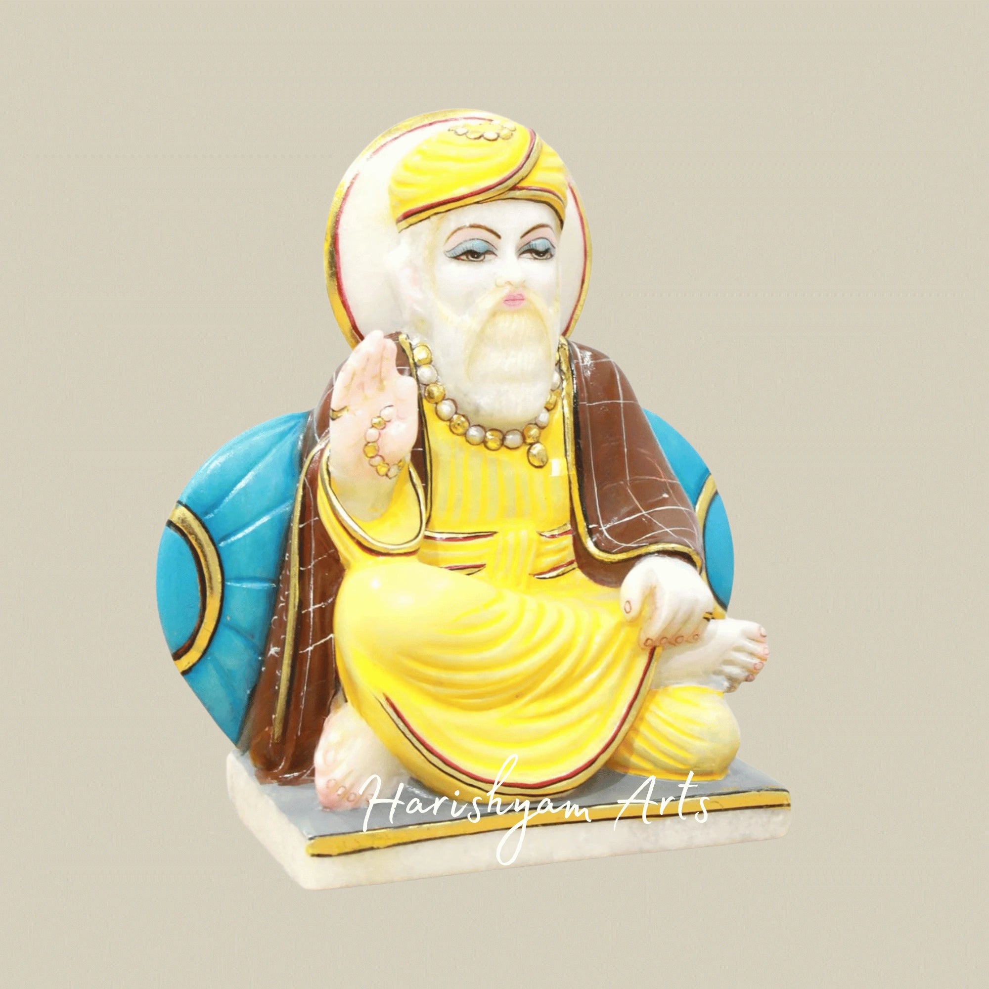 9" Hand-Carved Marble Guru Nanak Ji Statue with Detailed Artwork