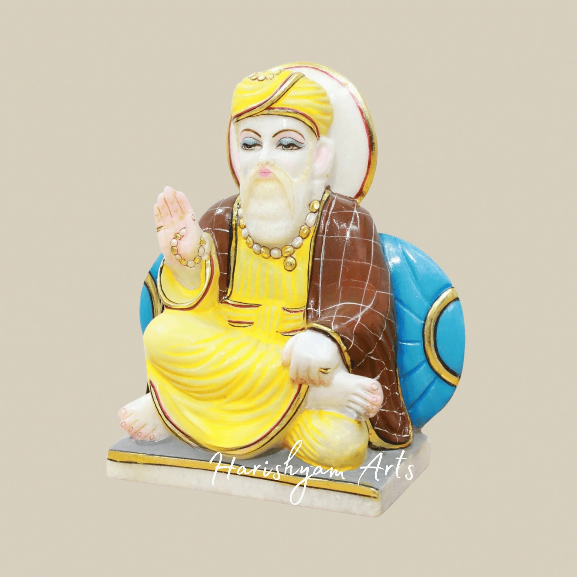 9" Hand-Carved Marble Guru Nanak Ji Statue with Detailed Artwork