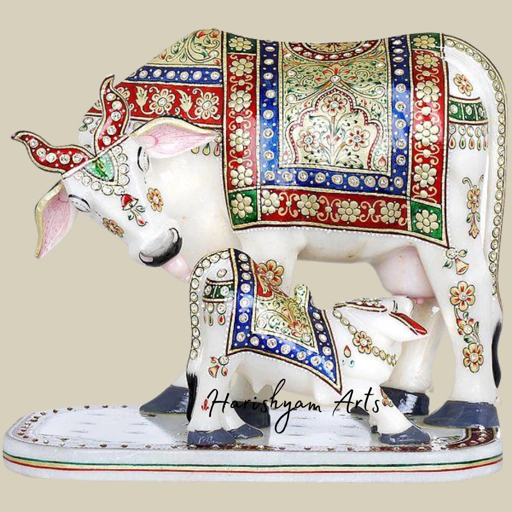 9" Kamadhenu Cow With Calf Marble Statue