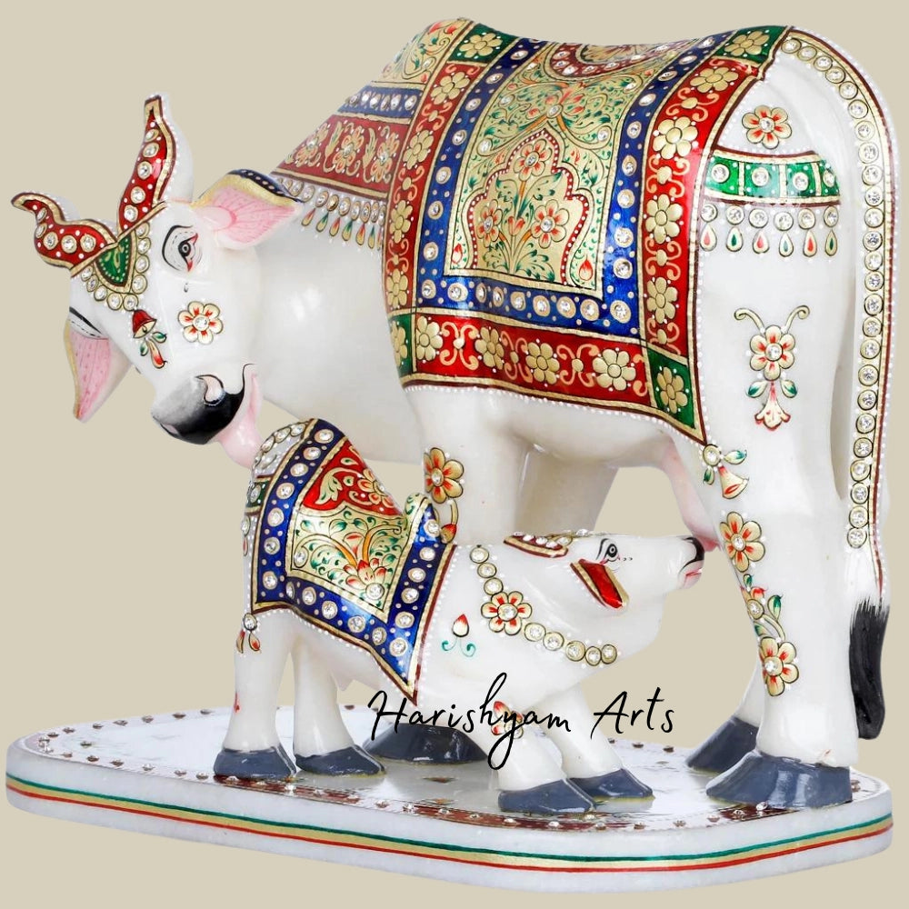 9" Kamadhenu Cow With Calf Marble Statue