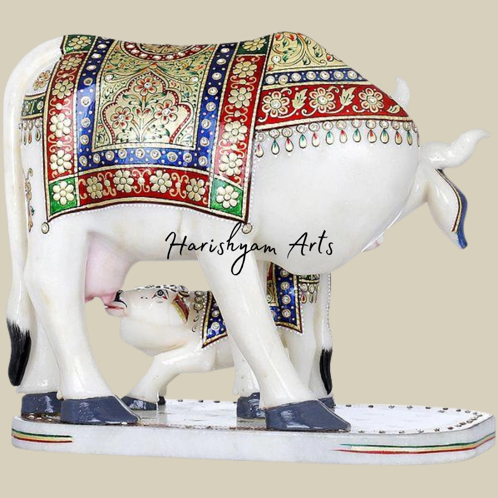 9" Kamadhenu Cow With Calf Marble Statue