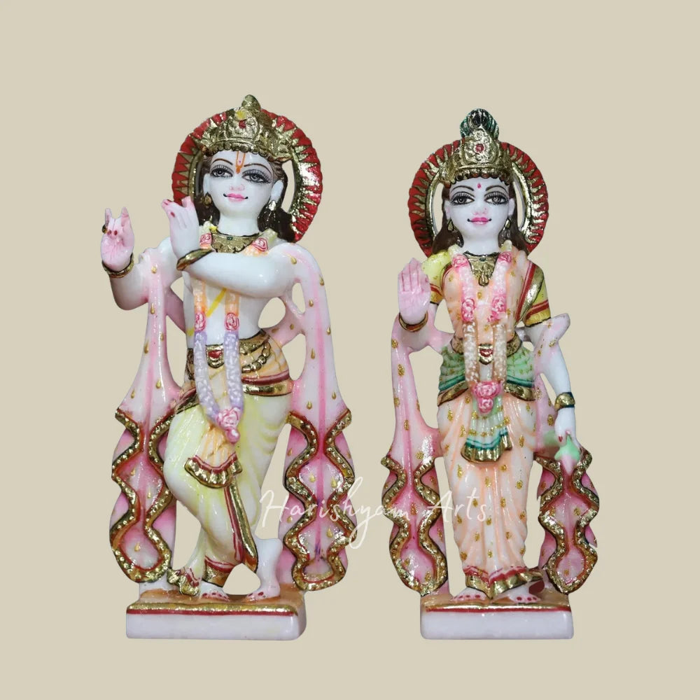 9" Small Handcrafted Radha Krishna Marble Statues with Golden Crowns and Traditional Pink Attire