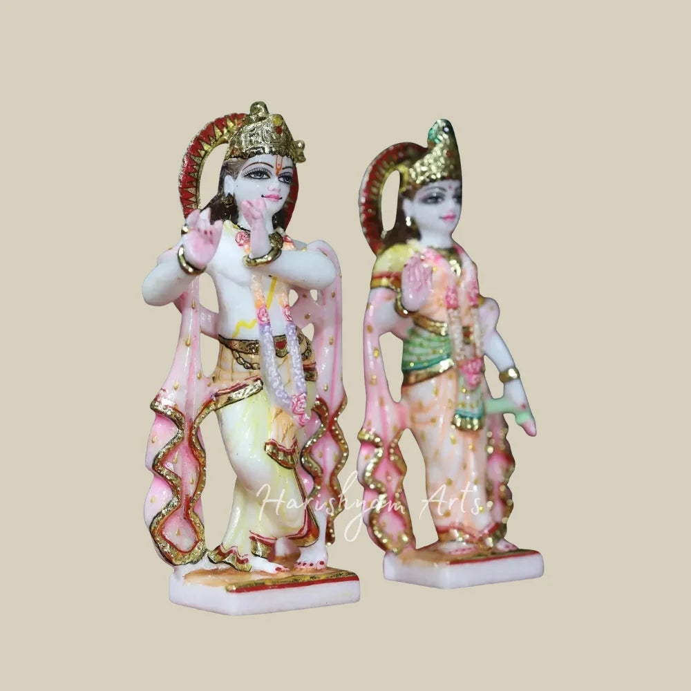 9" Small Handcrafted Radha Krishna Marble Statues with Golden Crowns and Traditional Pink Attire