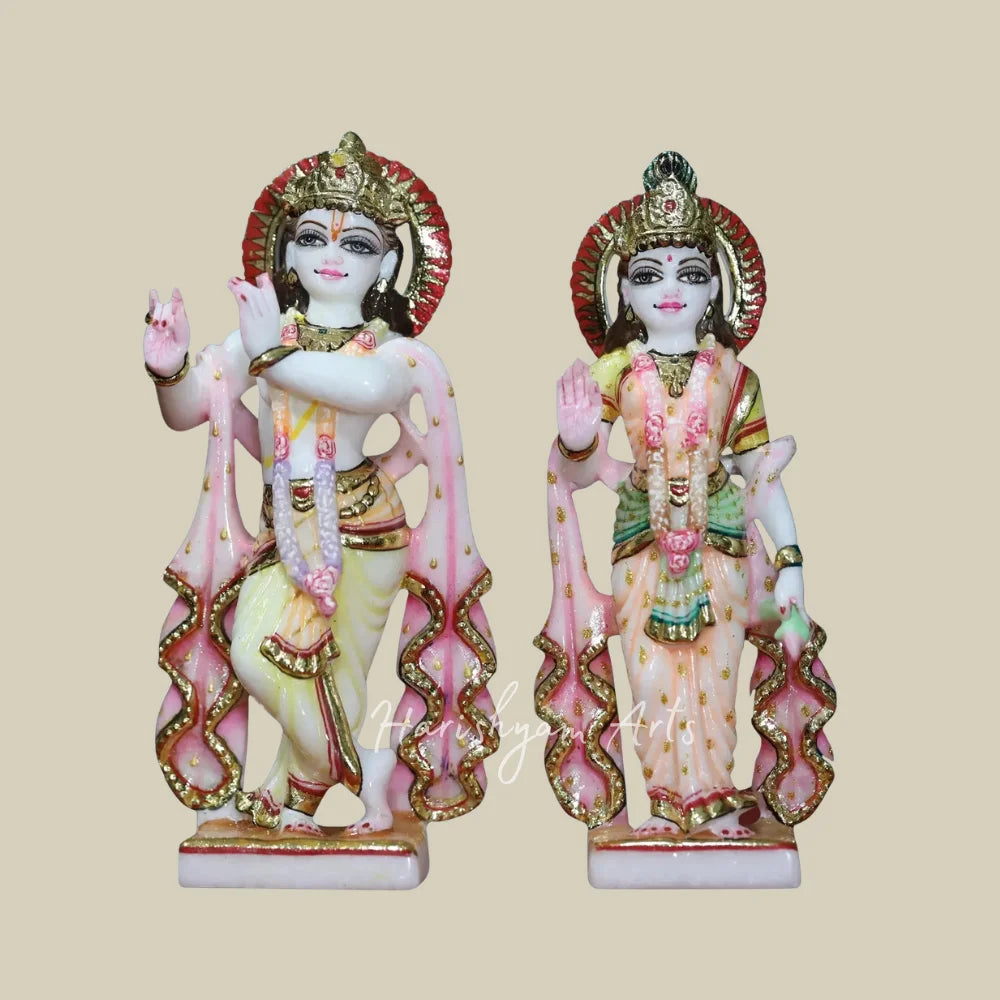 9" Small Handcrafted Radha Krishna Marble Statues with Golden Crowns and Traditional Pink Attire