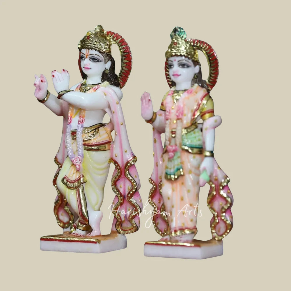 9" Small Handcrafted Radha Krishna Marble Statues with Golden Crowns and Traditional Pink Attire