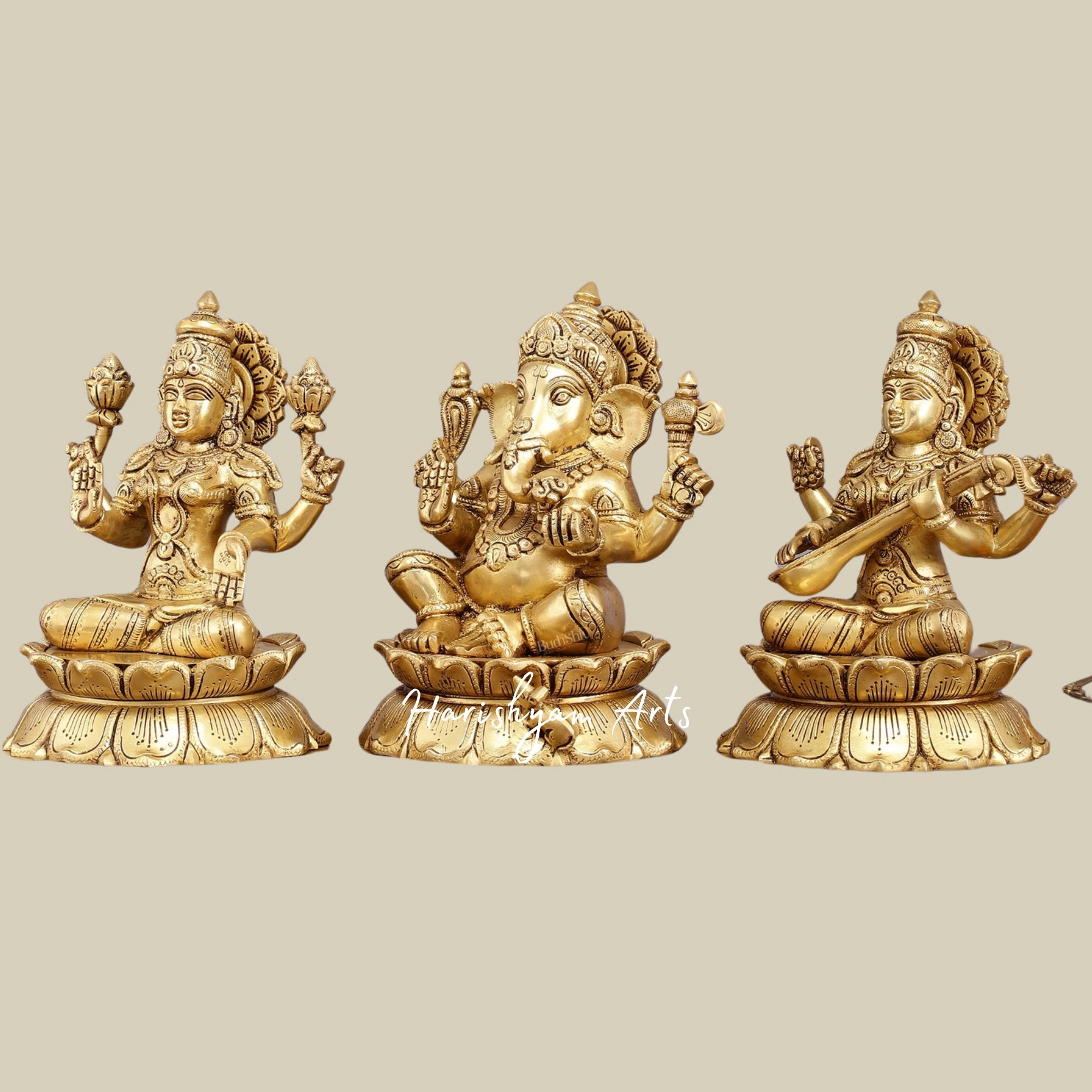 9" Superfine Brass Statues of Ganesha, Lakshmi, and Saraswati for Mandir