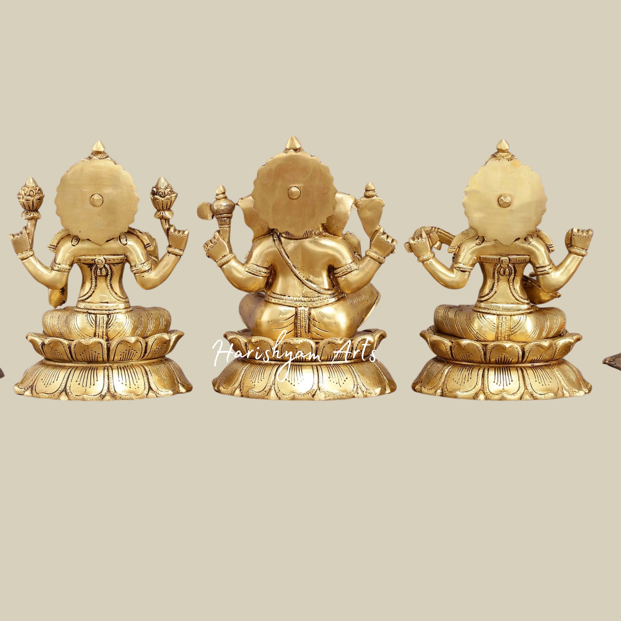 9" Superfine Brass Statues of Ganesha, Lakshmi, and Saraswati for Mandir