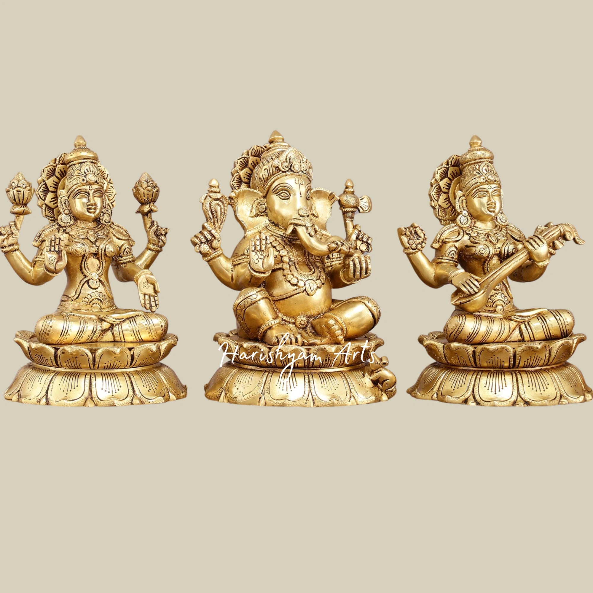 9" Superfine Brass Statues of Ganesha, Lakshmi, and Saraswati for Mandir1