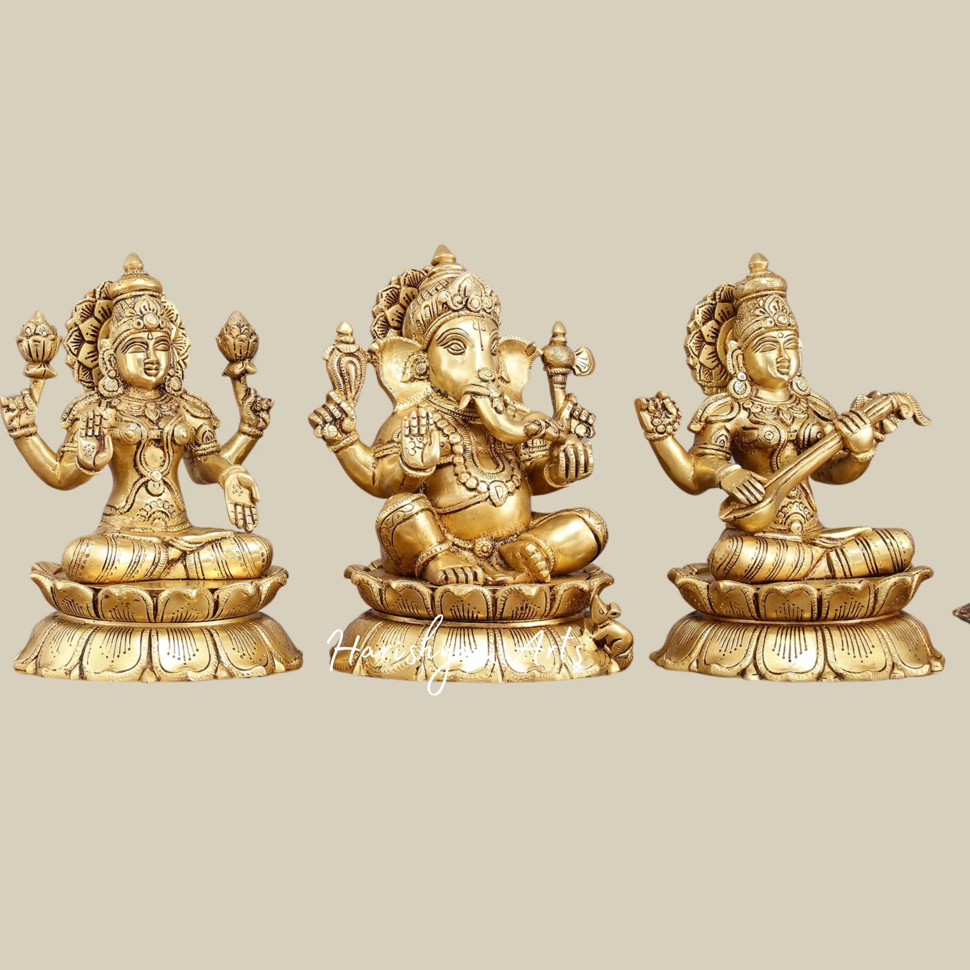 9" Superfine Brass Statues of Ganesha, Lakshmi, and Saraswati for Mandir1