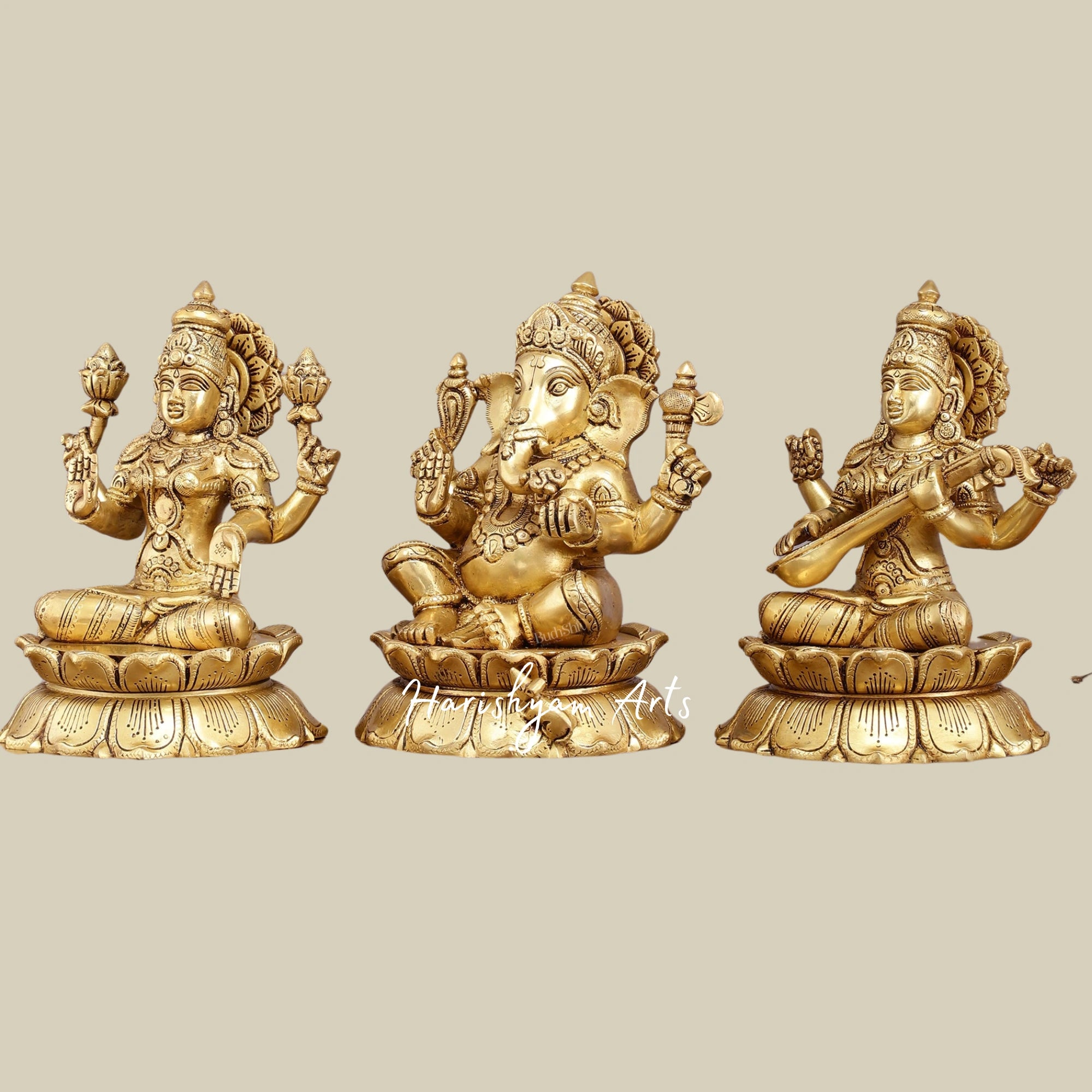 9" Superfine Brass Statues of Ganesha, Lakshmi, and Saraswati for Mandir6