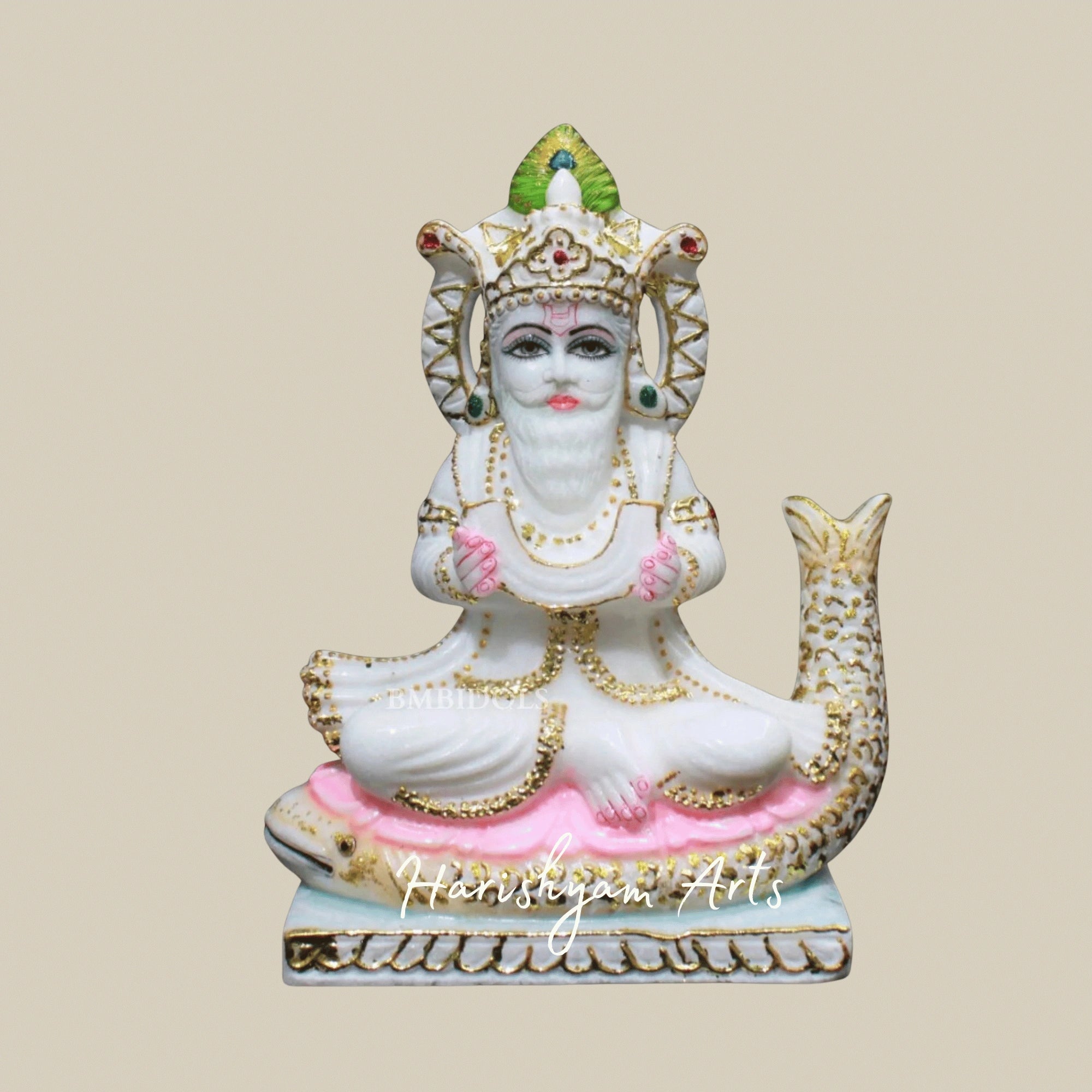 9" White Marble Jhulelal Bhagwan Idol Crafted From Authentic Makrana Marble