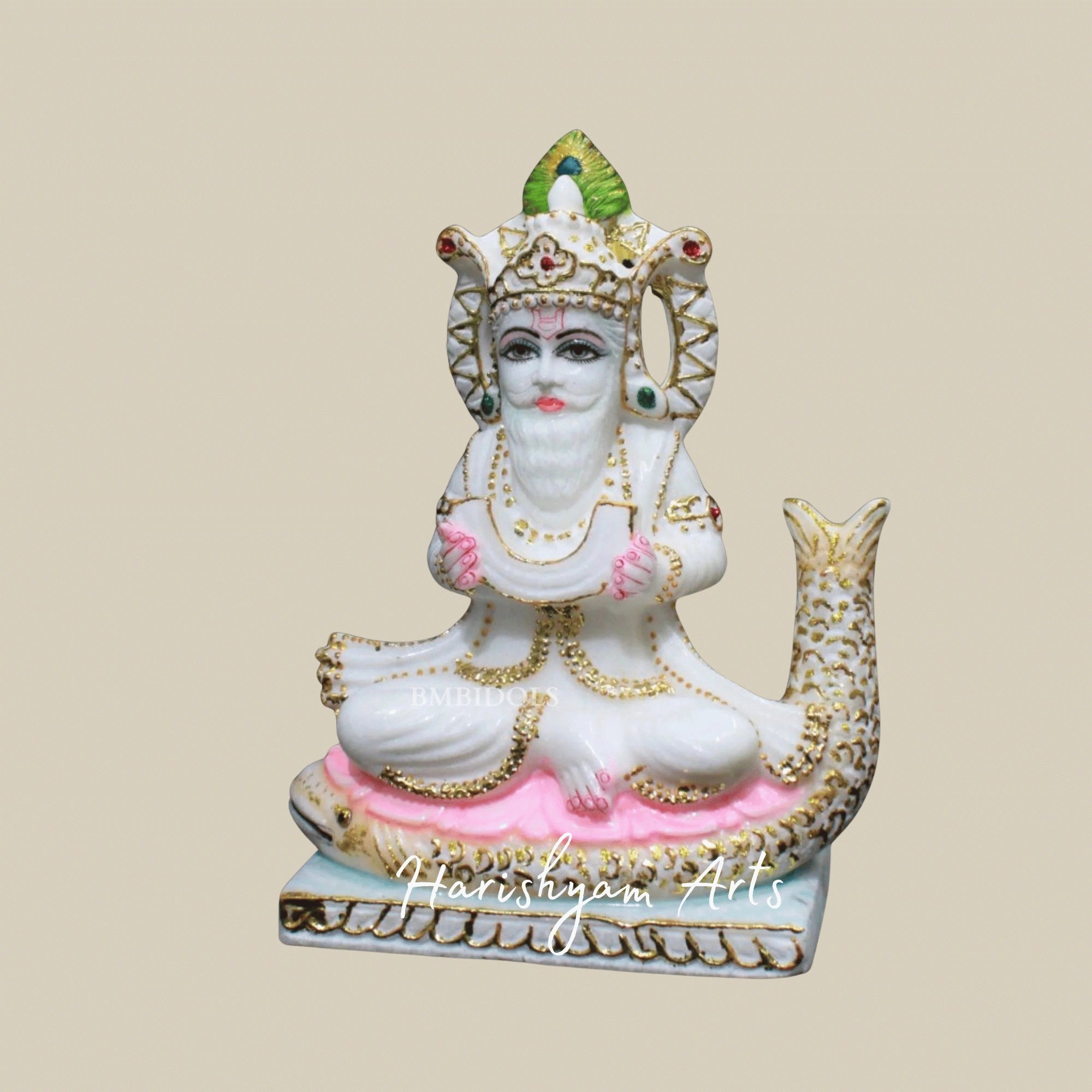 9" White Marble Jhulelal Bhagwan Idol Crafted From Authentic Makrana Marble