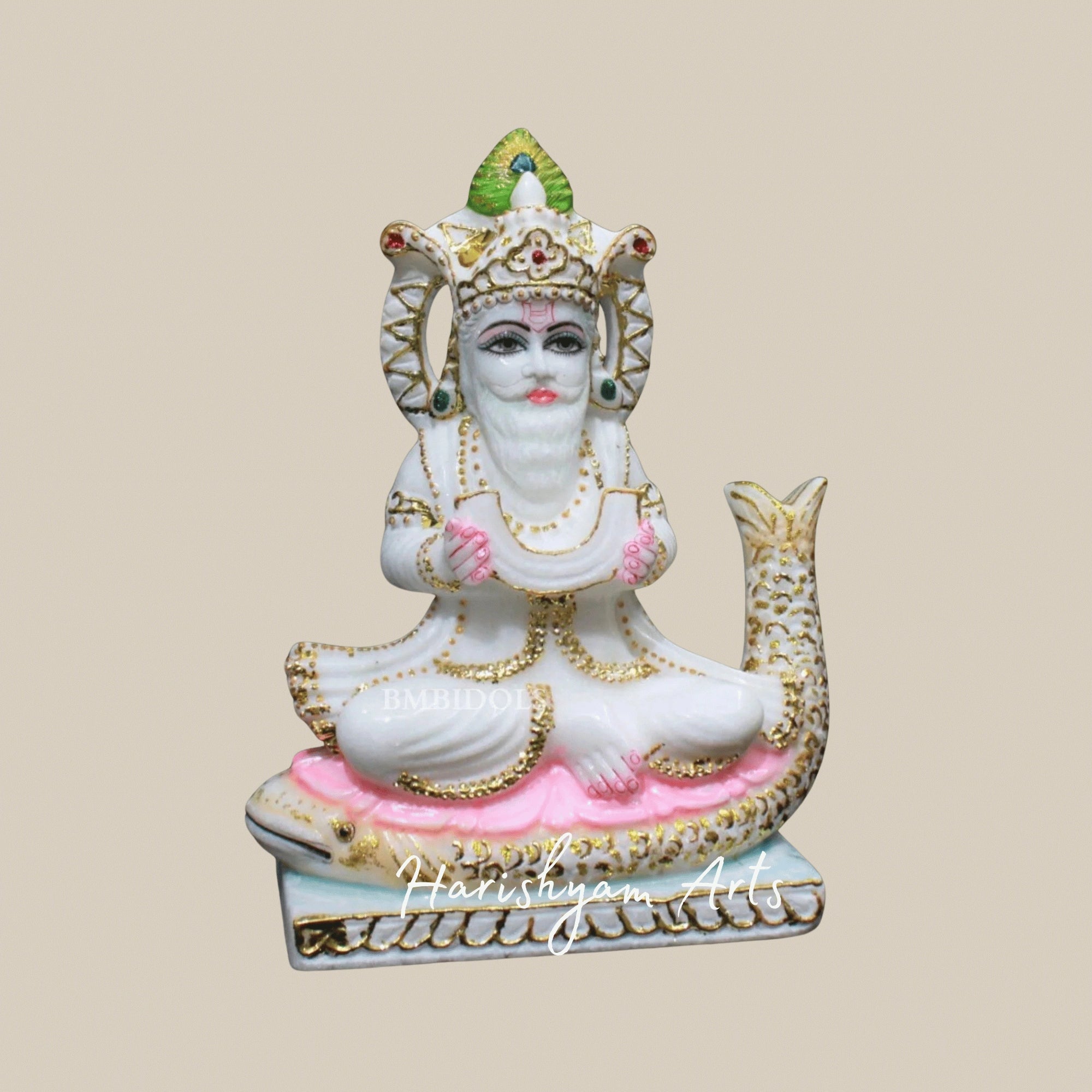9" White Marble Jhulelal Bhagwan Idol Crafted From Authentic Makrana Marble