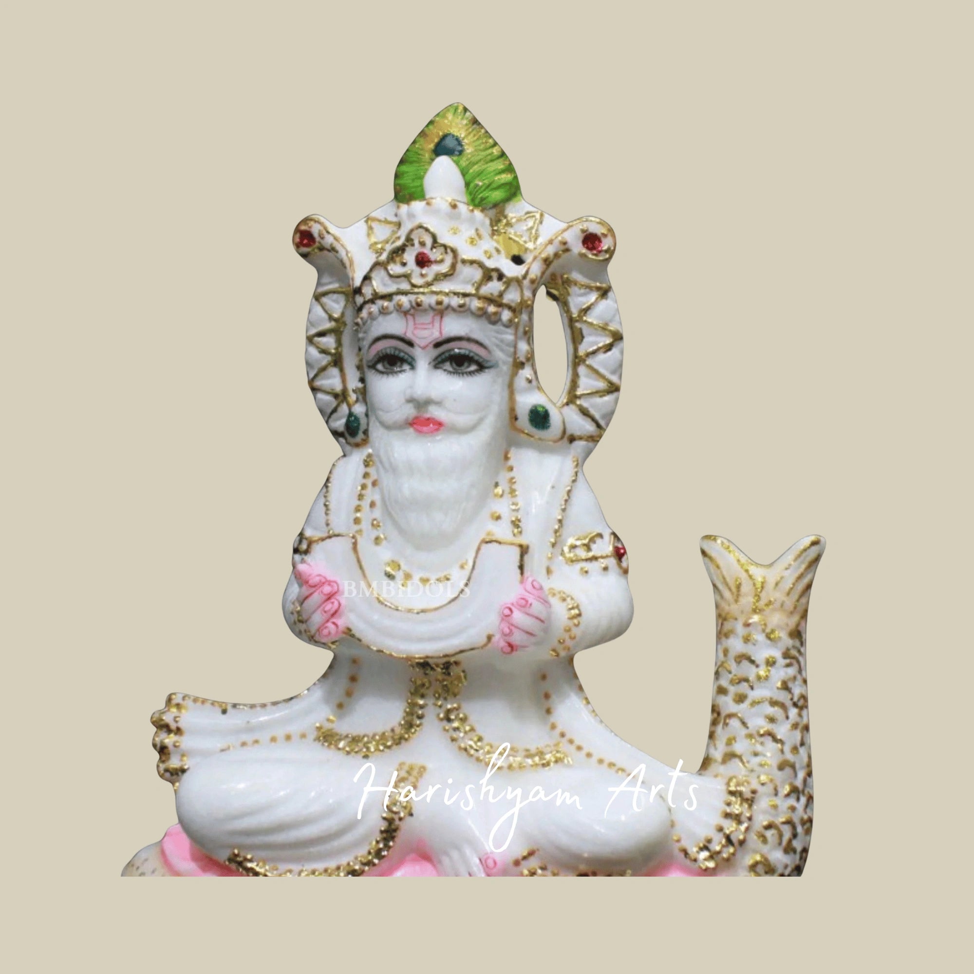 9" White Marble Jhulelal Bhagwan Idol Crafted From Authentic Makrana Marble