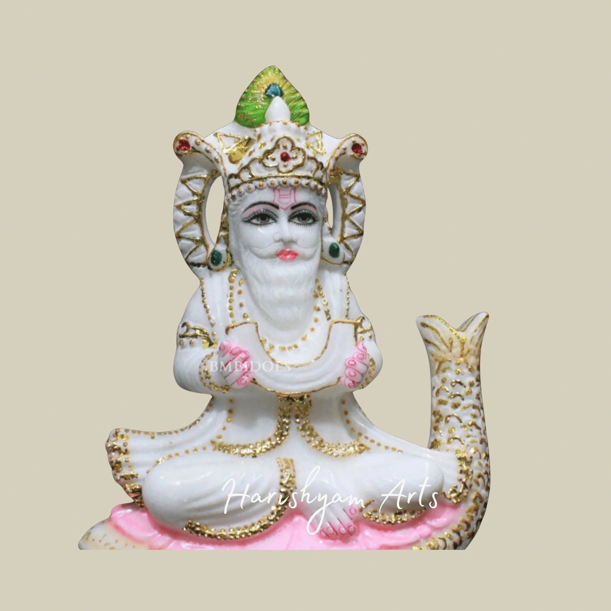 9" White Marble Jhulelal Bhagwan Idol Crafted From Authentic Makrana Marble