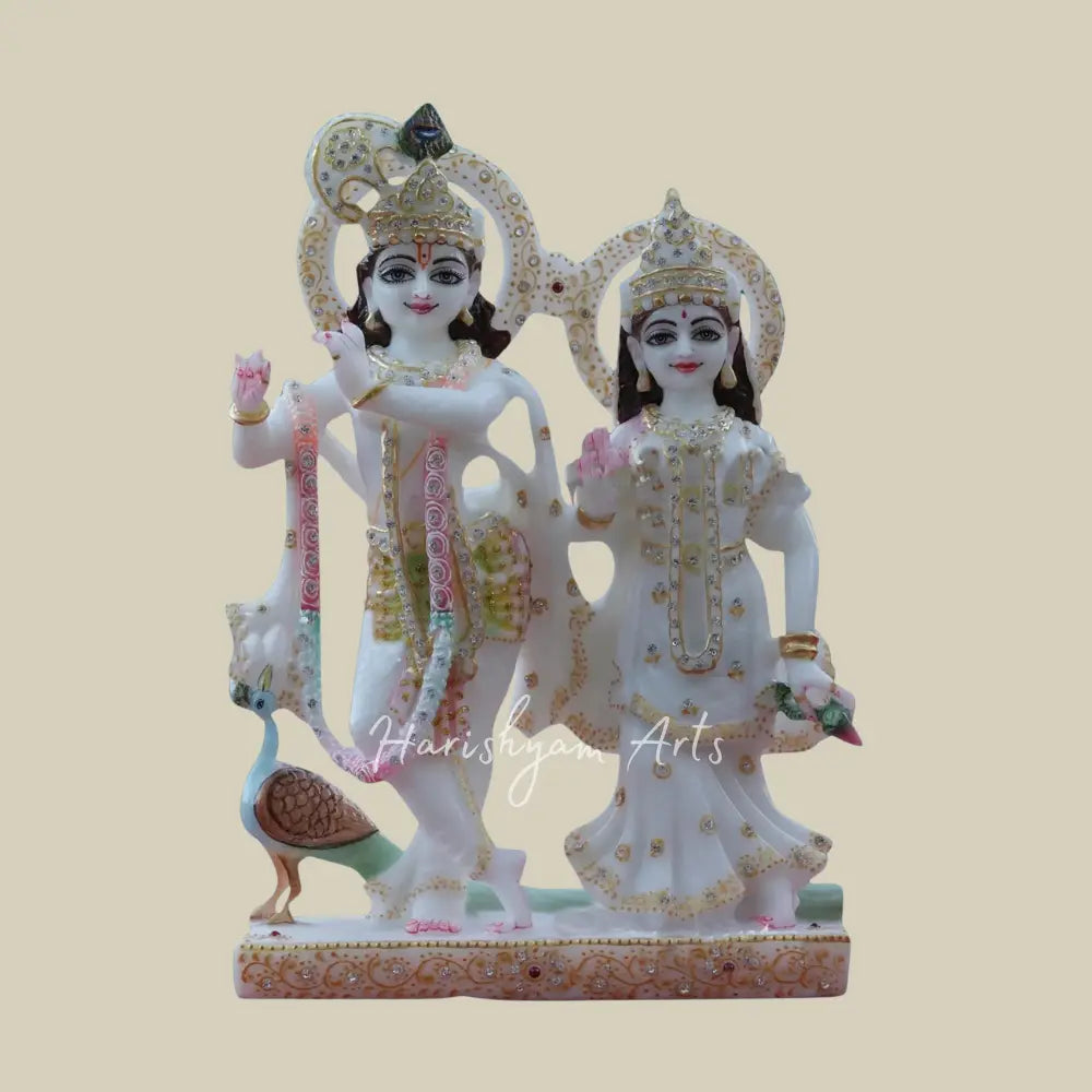 9" Krishna with Radharani White Makrana Marble Moorti