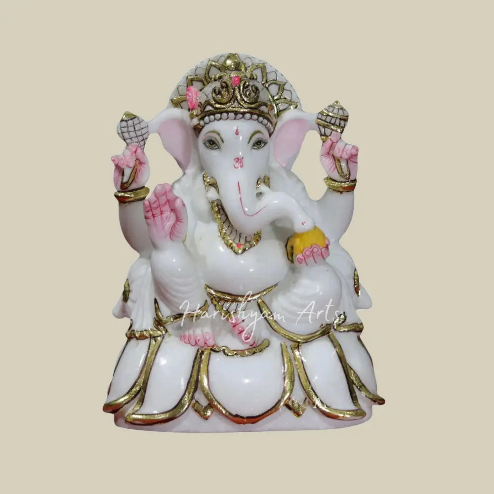 9" Sitting Ganesha On Lotus Marble Deity