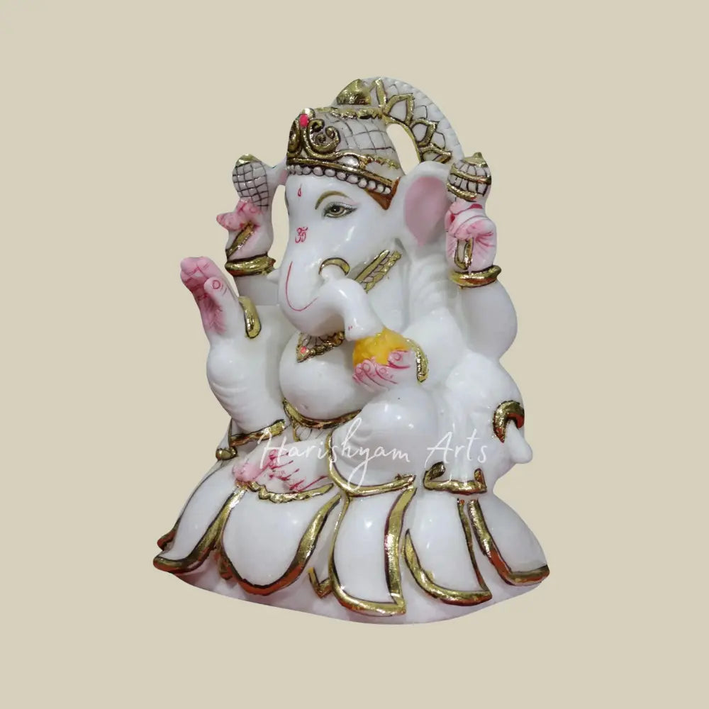 9" Sitting Ganesha On Lotus Marble Deity