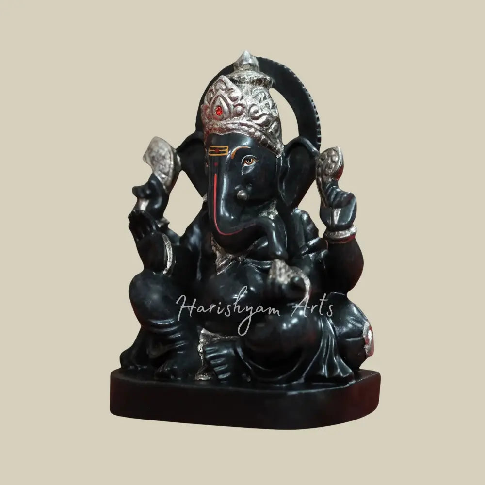 9" Sitting Lord Ganesha  Rajasthani Black Marble Statue