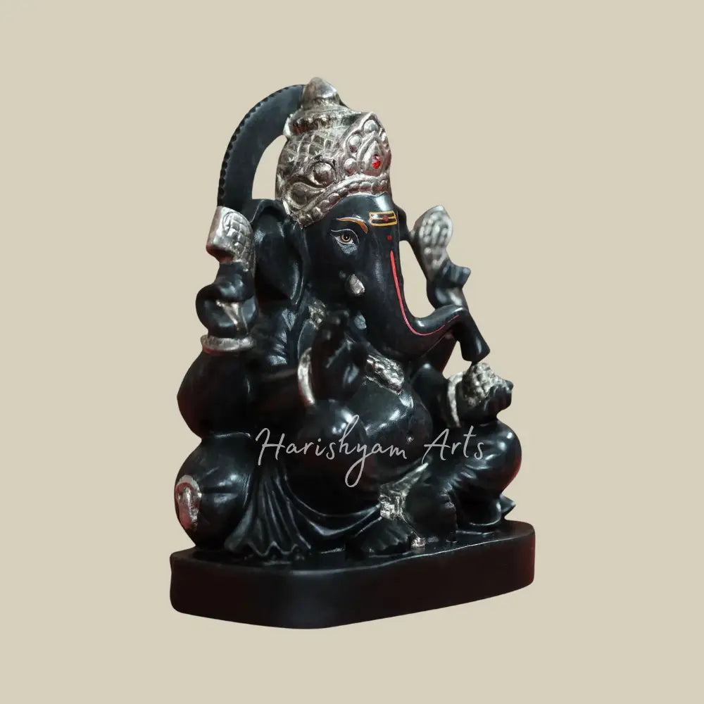 9" Sitting Lord Ganesha  Rajasthani Black Marble Statue