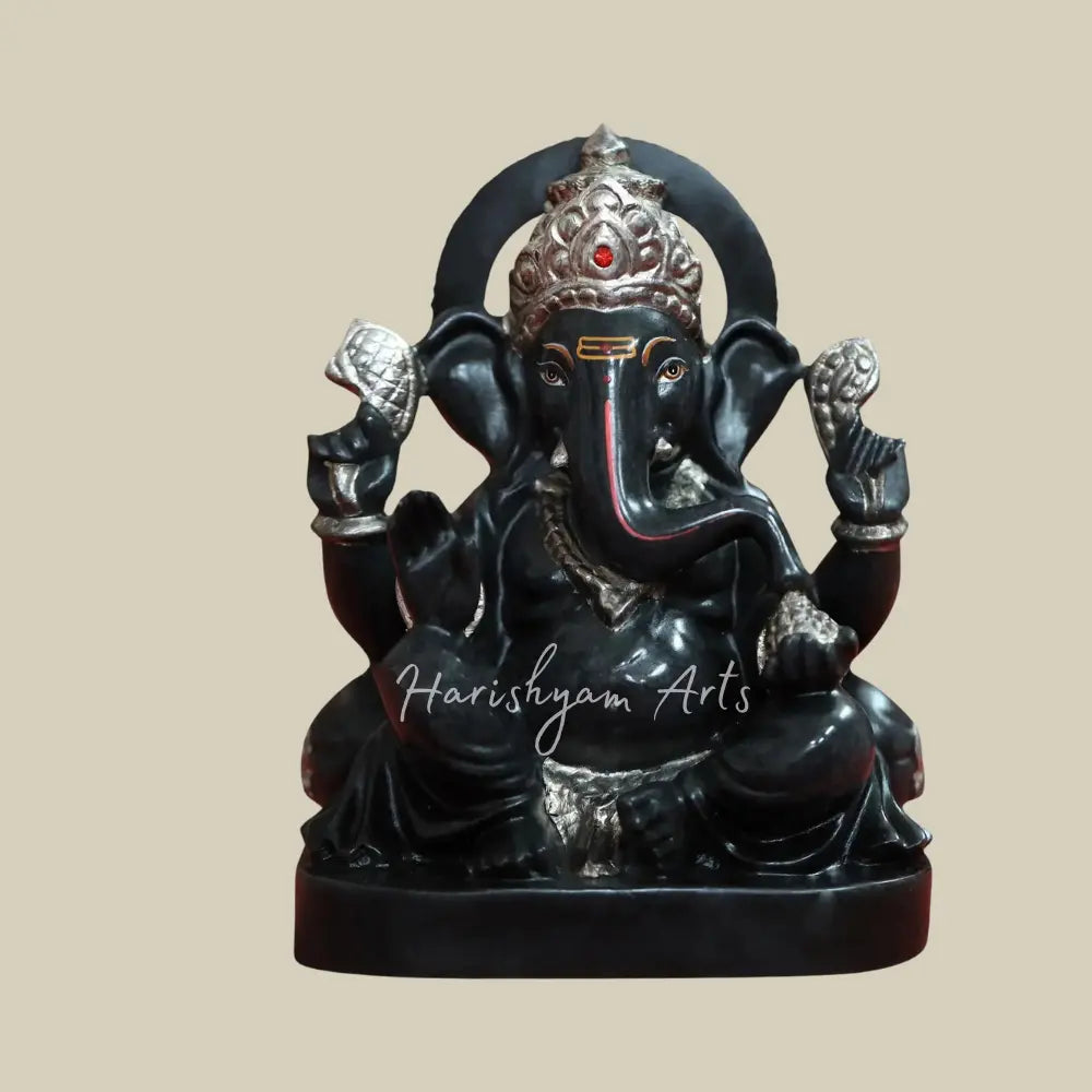 9" Sitting Lord Ganesha  Rajasthani Black Marble Statue