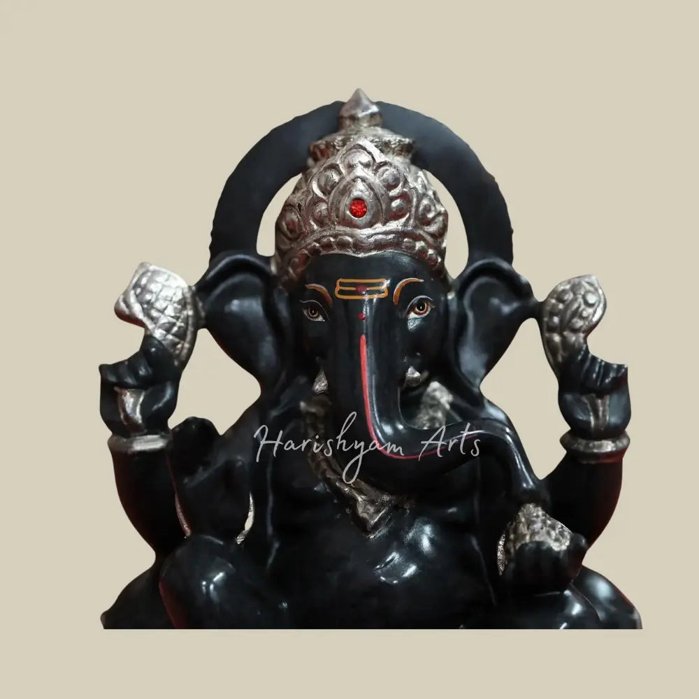 9" Sitting Lord Ganesha  Rajasthani Black Marble Statue