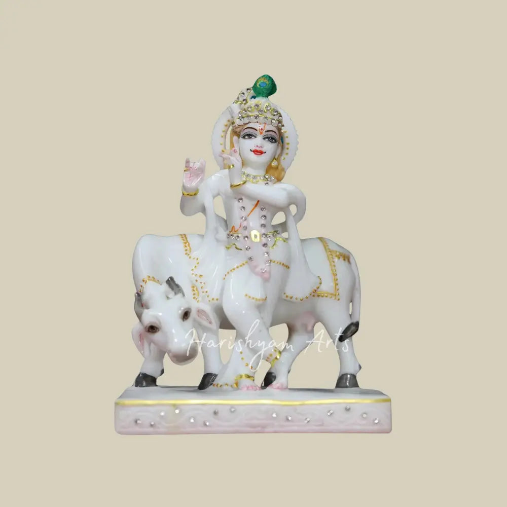 9" krishna with cow marble statue