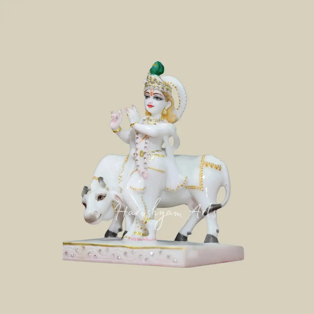 9" krishna with cow marble statue