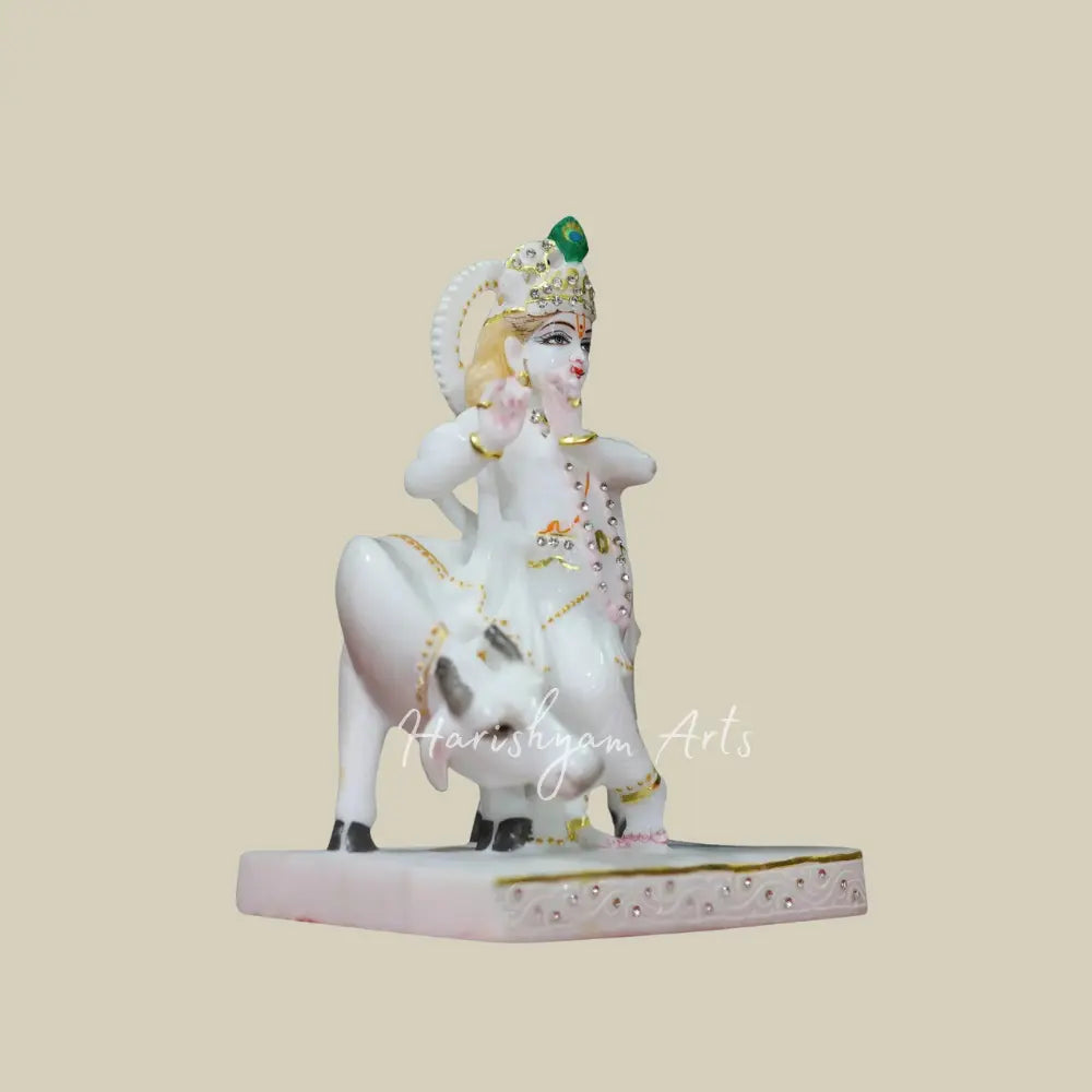 9" krishna with cow marble statue