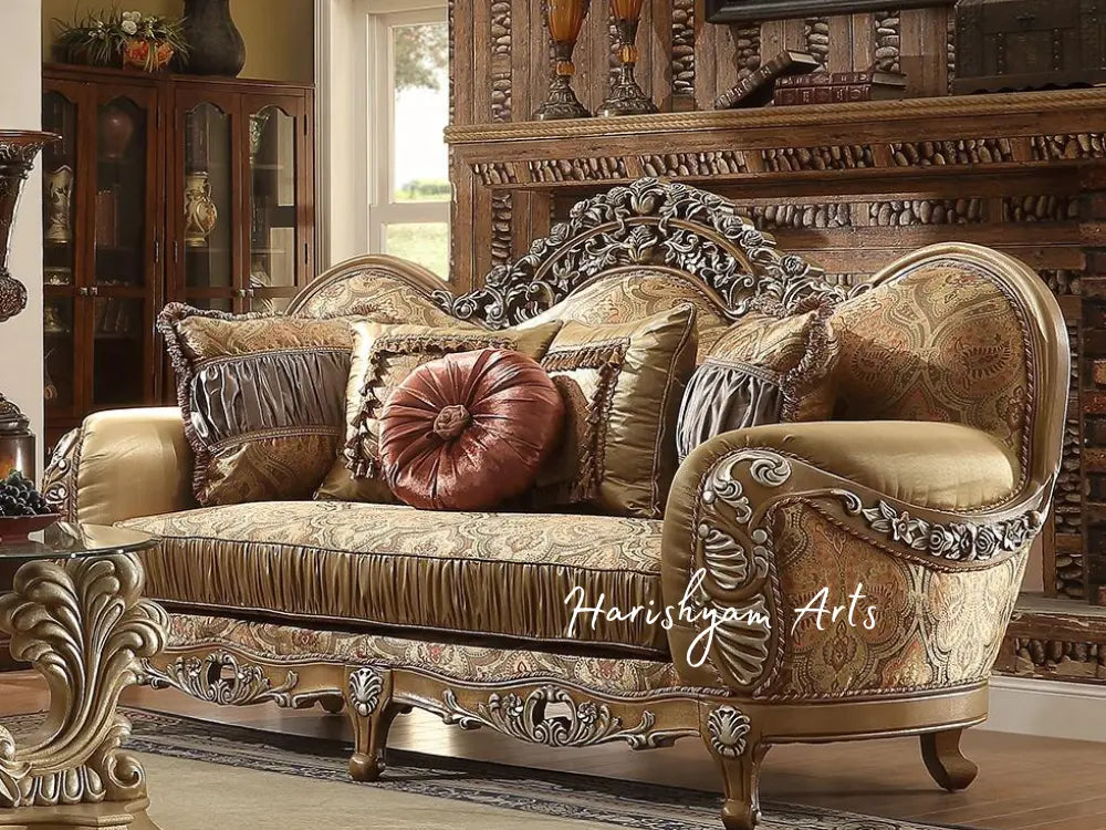 Antique Brown Chenille Carved Wood Loveseat Sofa Set