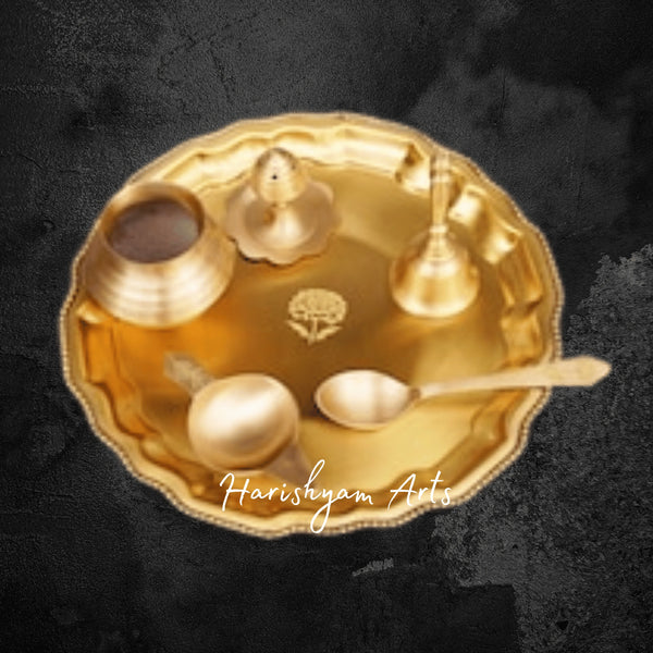 Antique Finish Golden Brass Puja Thali for Traditional Home Worship