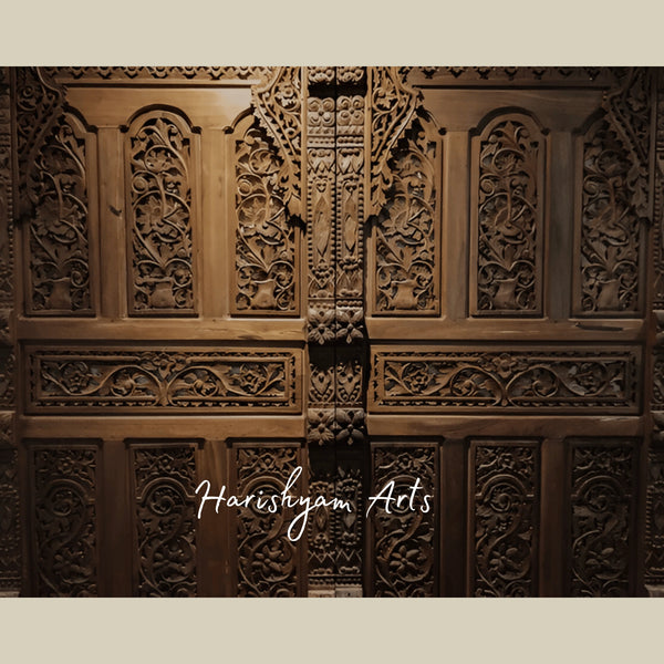 Antique Floral Jali Door – Hand-Carved Solid Teak Main Entrance with Traditional Lattice Patterns, Heritage Palace Wooden Door