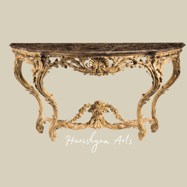 Antique Gold Leaf Wooden Console Table with Marble Top