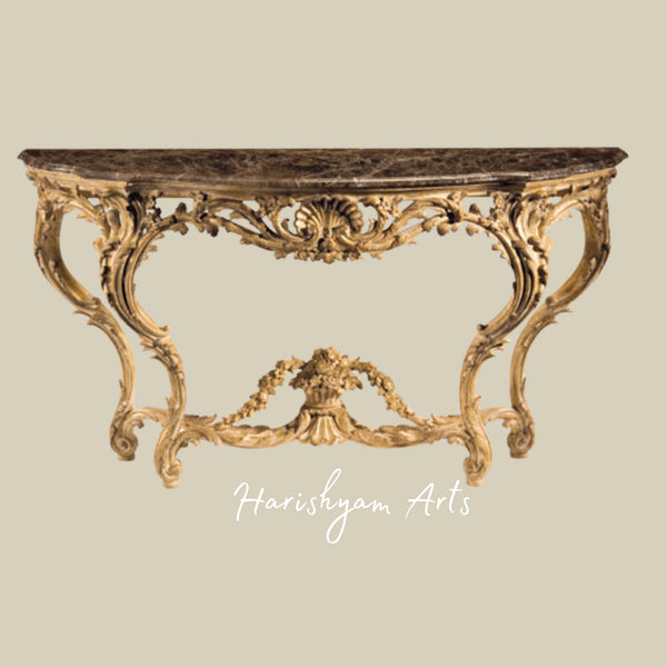 Antique Gold Leaf Wooden Console Table with Marble Top