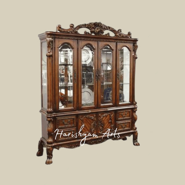 Antique Heritage Glass Crockery Showcase Almirah with Ornate Legs and Decorative Drawer Panels
