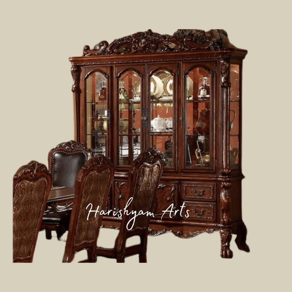 Antique Heritage Glass Crockery Showcase Almirah with Ornate Legs and Decorative Drawer Panels