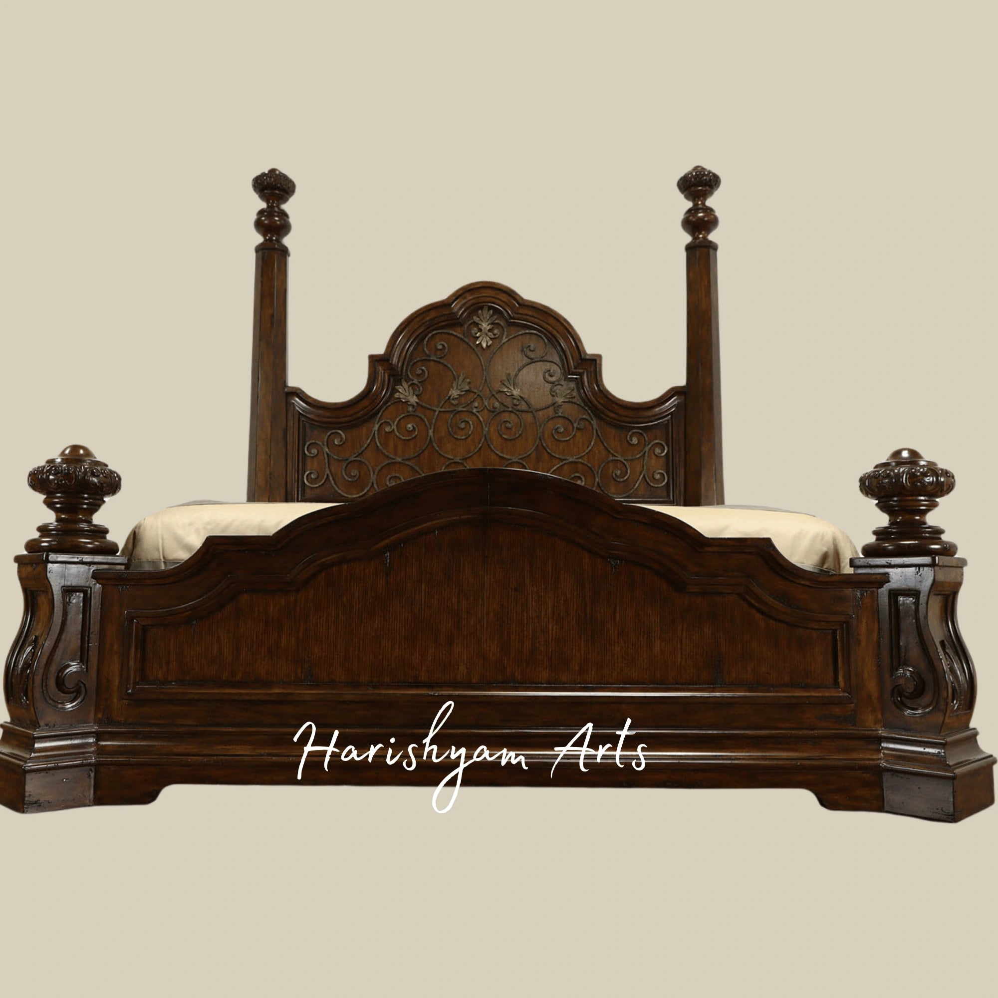 Antique King Size Wooden Bed Hand Carved Royal Design