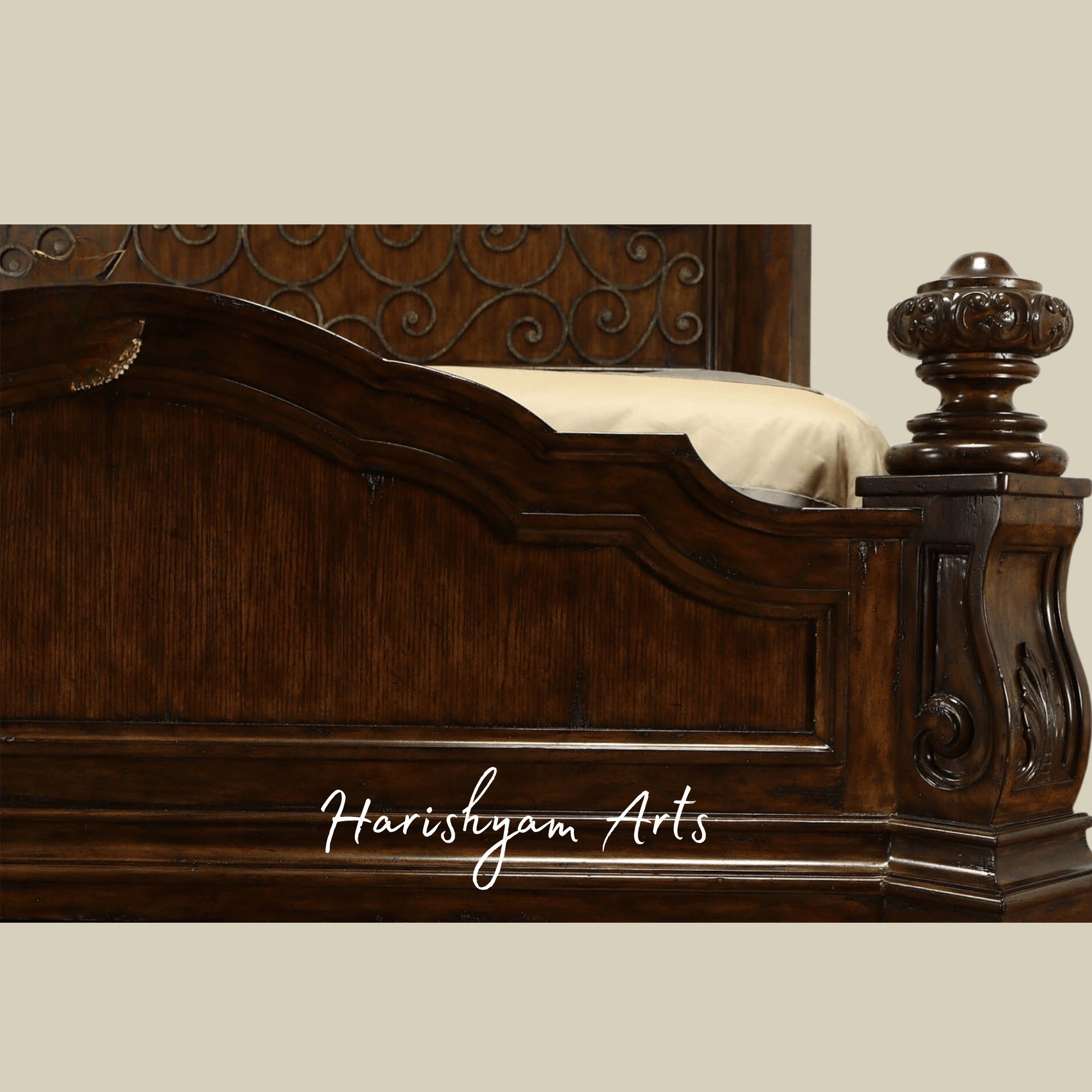 Antique King Size Wooden Bed Hand Carved Royal Design